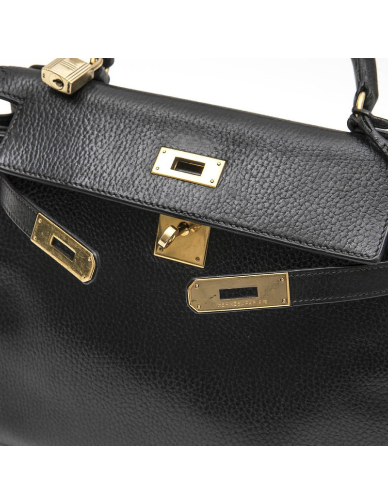 Sac Kelly 28 HERMES cuir grainé noir
