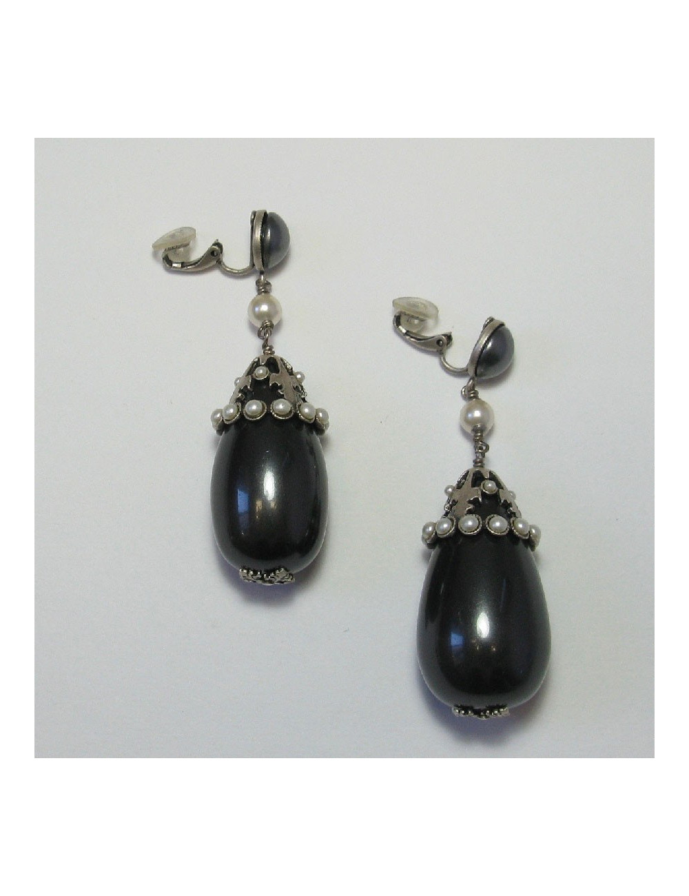 CHANEL gray pearl clip on earrings with silver metal set with white pearls