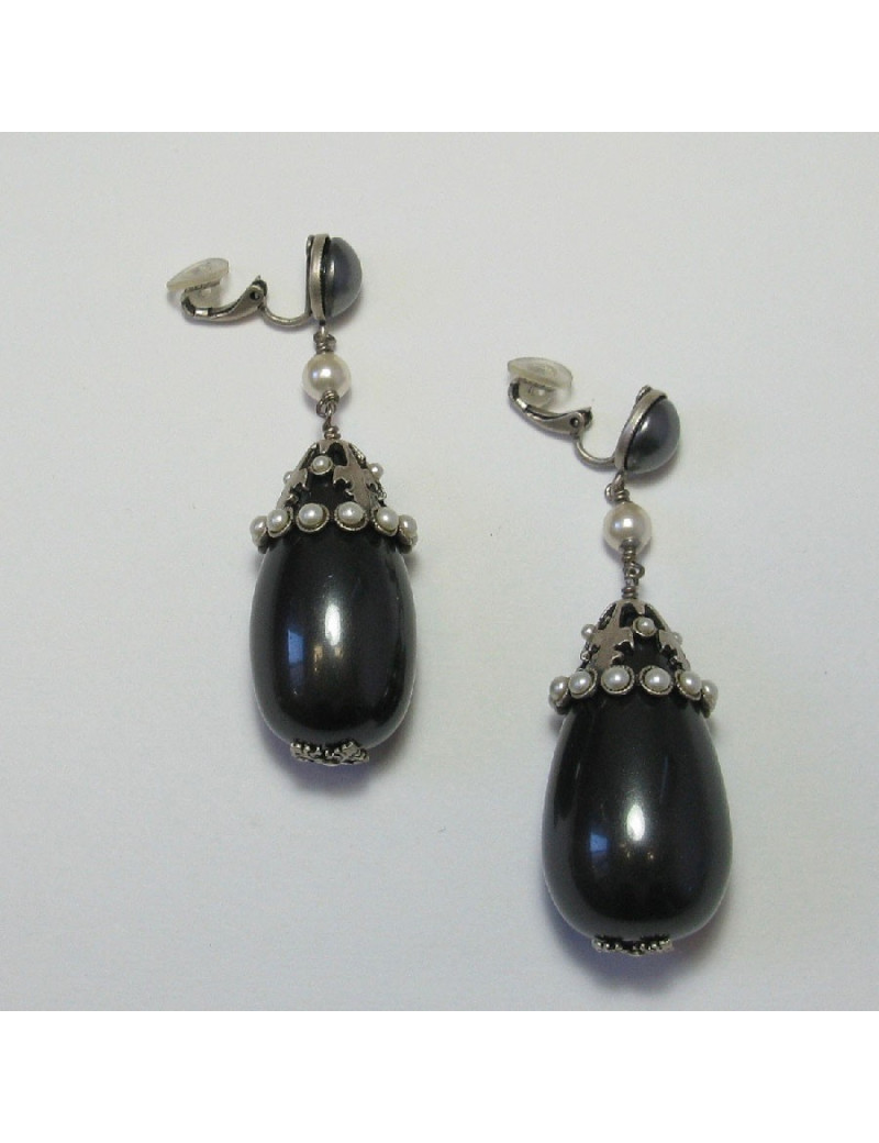 CHANEL gray pearl clip on earrings with silver metal set with white pearls