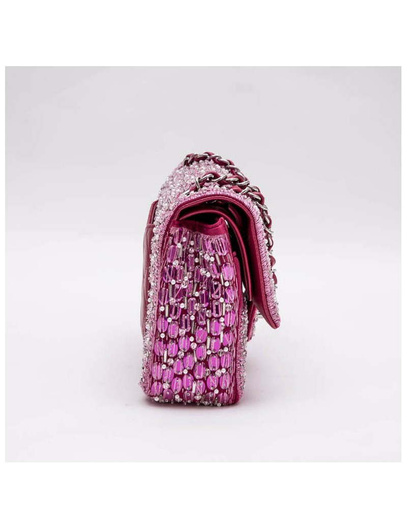 CHANEL couture double flap bag in iridescent fuchsia smooth lambskin and embroidered