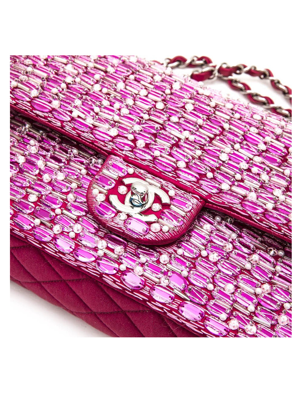 Sac Couture CHANEL fushia perles nacrées sequins