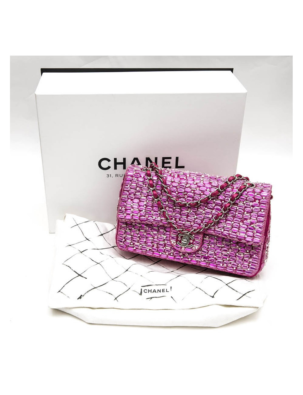 Sac Couture CHANEL fushia perles nacrées sequins