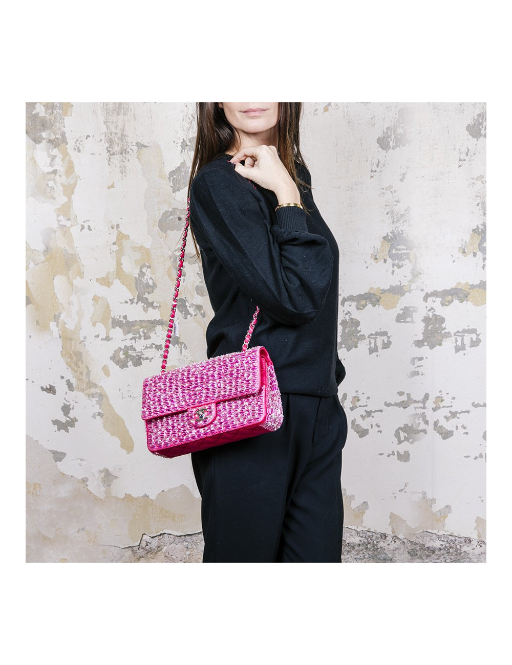 Sac Couture CHANEL fushia perles nacrées sequins