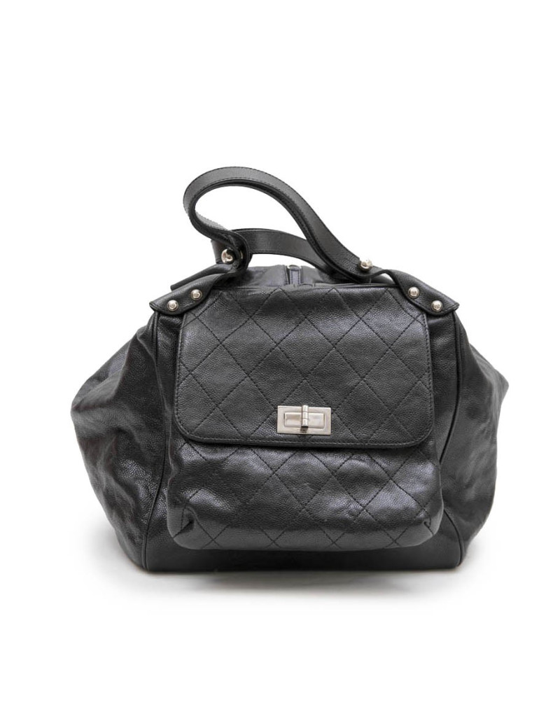 Sac cabas CHANEL cuir grainé noir brillant
