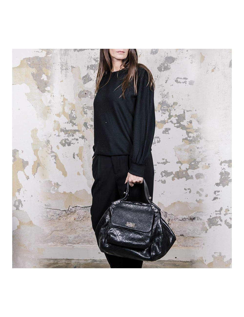 Sac cabas CHANEL cuir grainé noir brillant