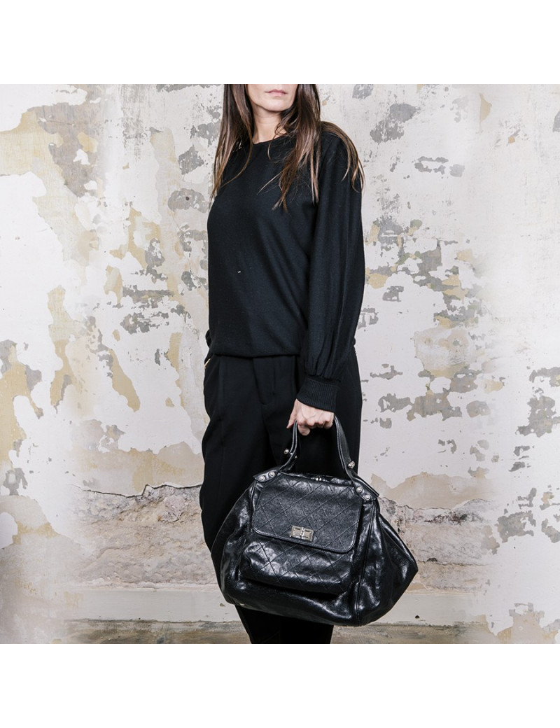 Sac cabas CHANEL cuir grainé noir brillant