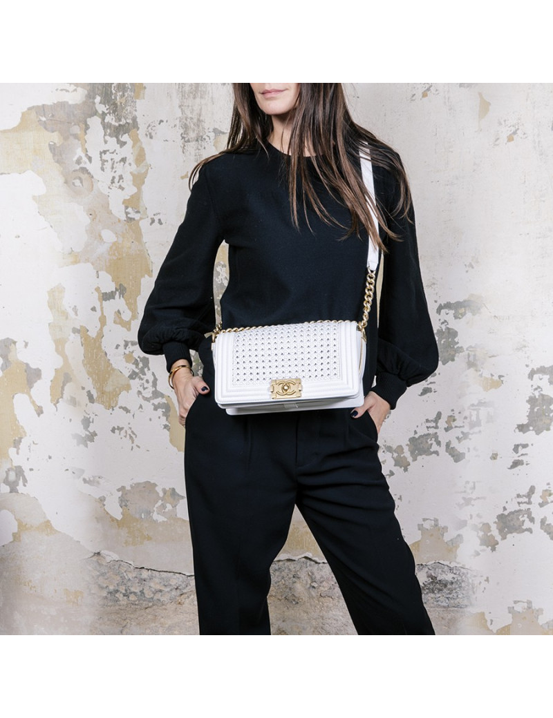 Collector CHANEL 'Boy' flap bag 'Paris Dubaï' in white and aged gold leather