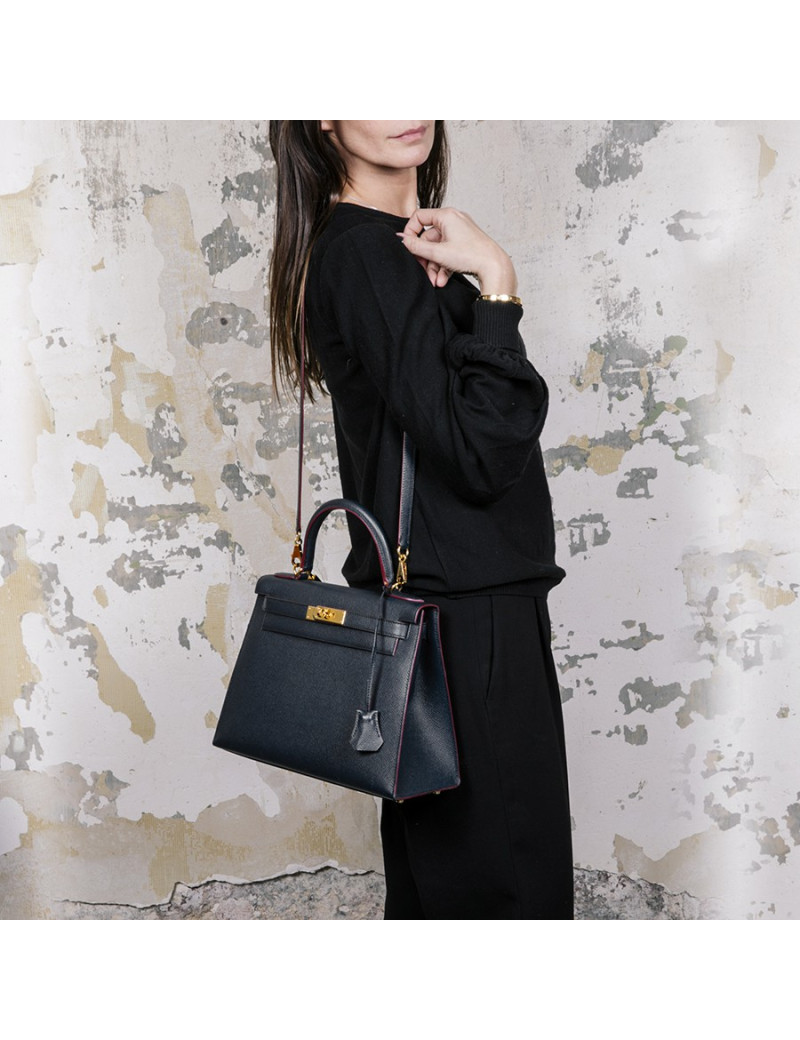 HERMES Kelly 28 Bag in bicolor Blue Indigo and Burgundy Epsom Leather
