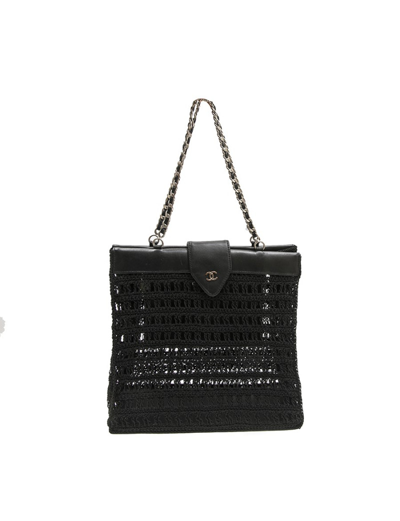 Sac  CHANEL noir, cuir et crochet