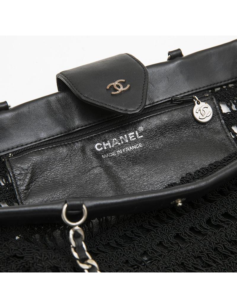 Sac  CHANEL noir, cuir et crochet