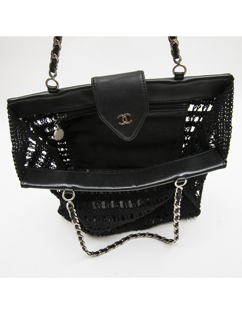 Sac  CHANEL noir, cuir et crochet