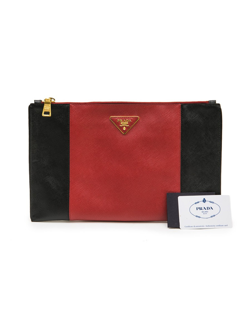 PRADA clutch in black and red grained leather