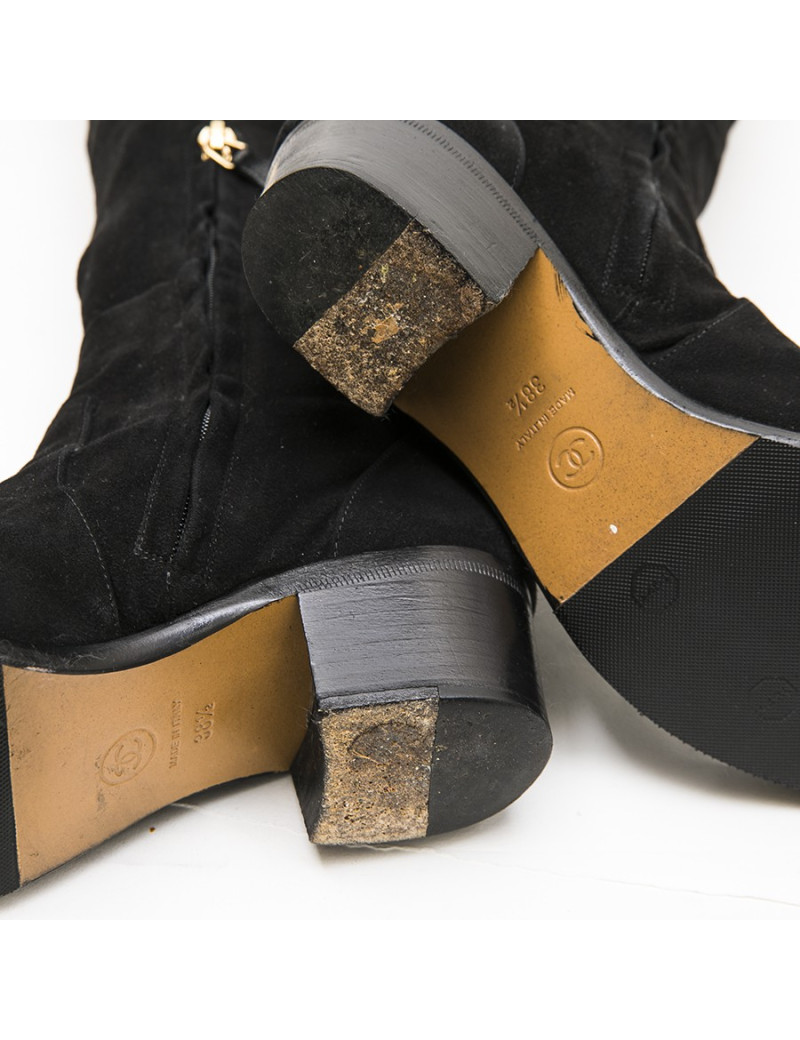 CHANEL T 38.5 thigh boots in black suede calfskin 