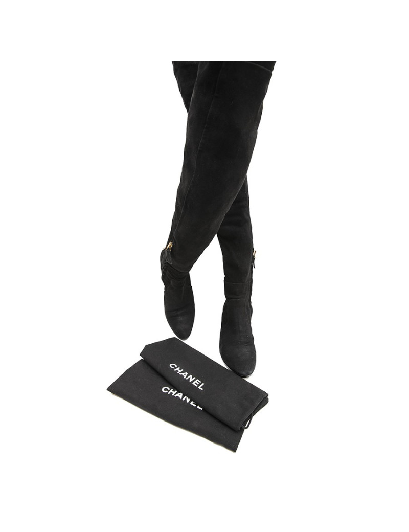 CHANEL T 38.5 thigh boots in black suede calfskin 