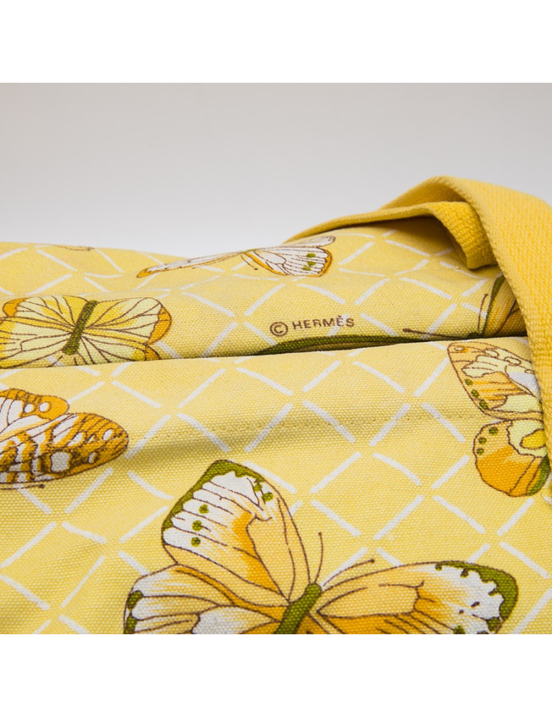 Sac HERMES Vintage en toile jaune imprimés papillons