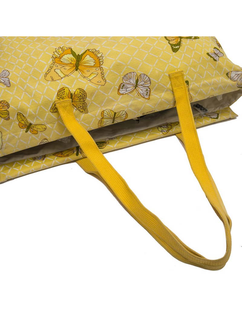 HERMES Vintage beach bag in yellow canvas with butterflies printed