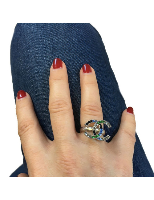 CHANEL CC ring in silver metal set with colored  rhinestones