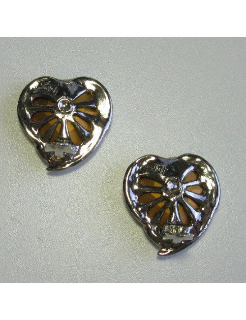 Boucles d'oreille YSL SAINT LAURENT  Vintage coeur en métal argenté et strass blanc