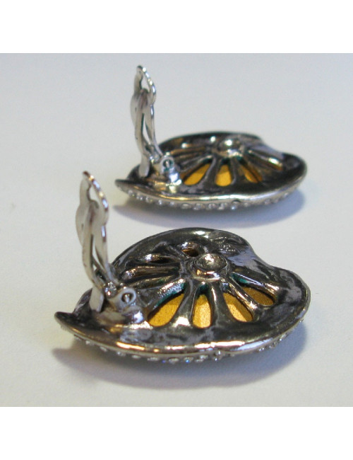 Boucles d'oreille YSL SAINT LAURENT  Vintage coeur en métal argenté et strass blanc