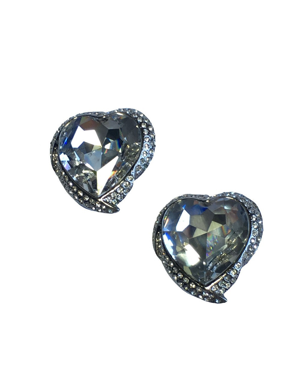 Boucles d'oreille YSL SAINT LAURENT  Vintage coeur en métal argenté et strass blanc