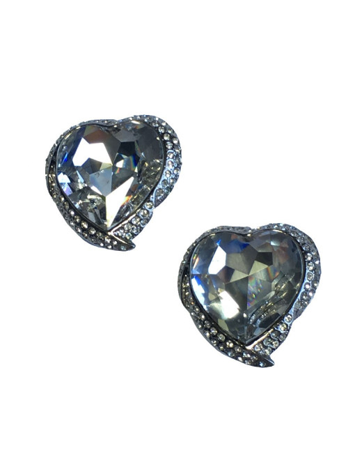 Boucles d'oreille YSL SAINT LAURENT  Vintage coeur en métal argenté et strass blanc