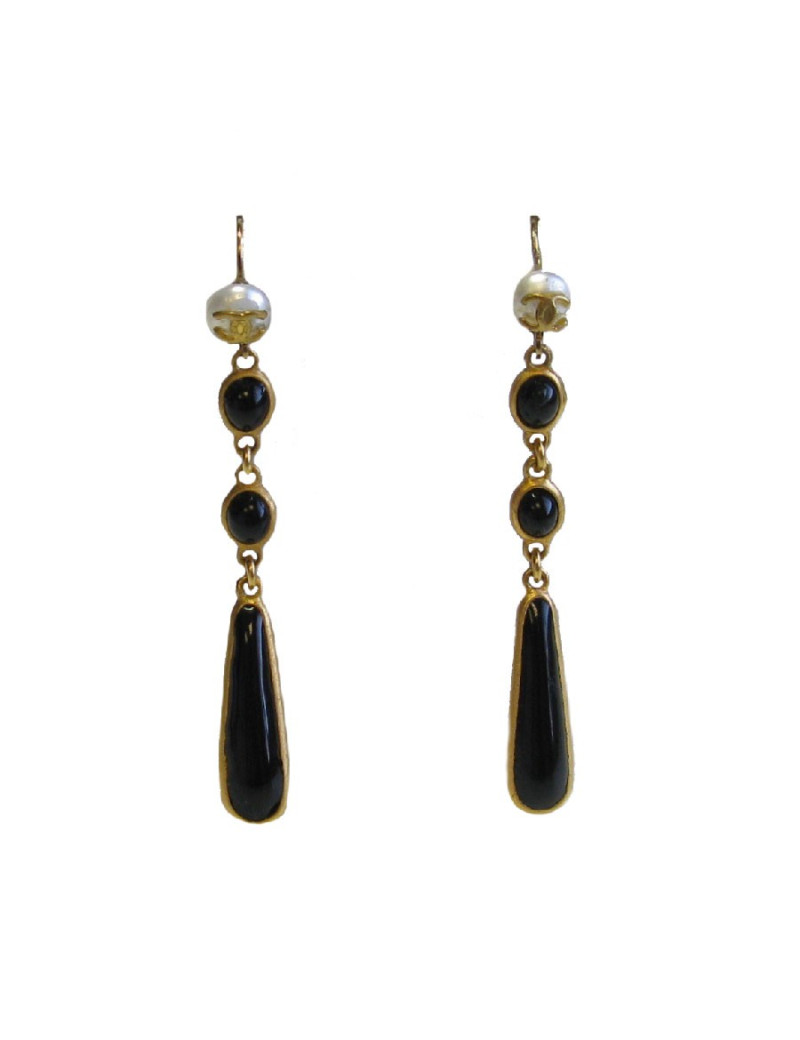 CHANEL Pendant Stud Earrings In Black Molten Glass, Small Pearl and Gilded Metal