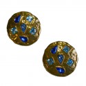 Boucles d'oreille clips YSL SAINT LAURENT ronds en métal doré et strass bleus