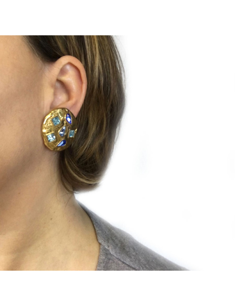 YSL SAINT LAURENT round clip-on earrings in gilded metal and blue rhinestones