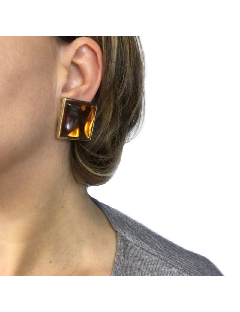 YSL SAINT LAURENT clip-on earrings in gilded metal and amber fantasy stone