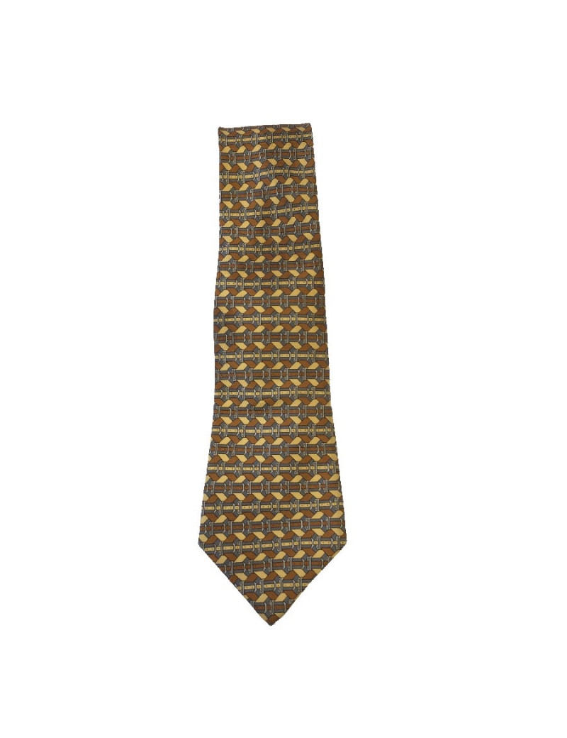 Cravate HERMÈS vintage en soie imprimée gris, marron et jaune clair