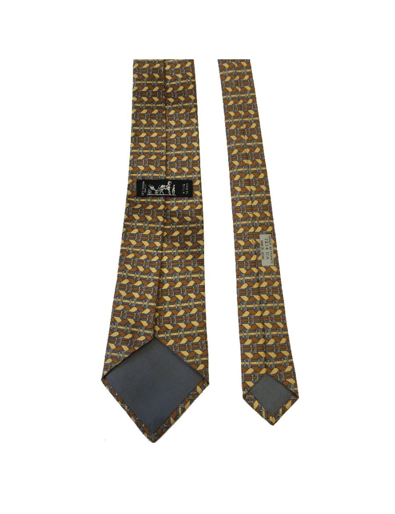 Cravate HERMÈS vintage en soie imprimée gris, marron et jaune clair