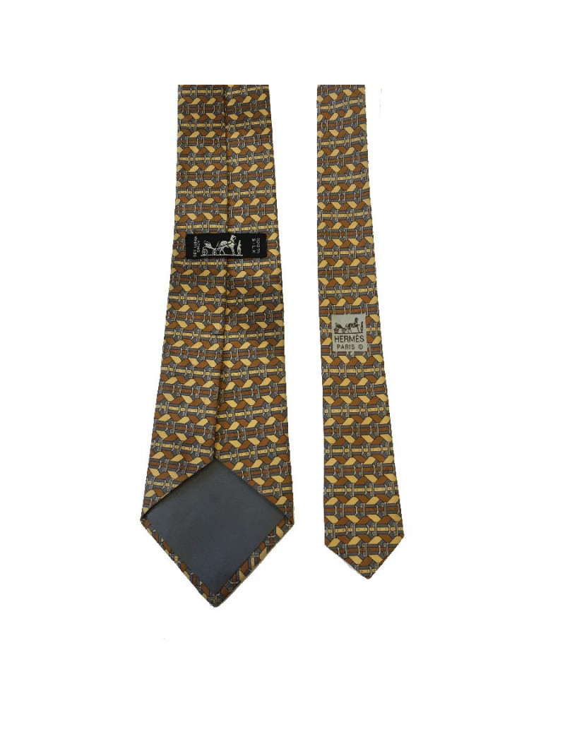 Cravate HERMÈS vintage en soie imprimée gris, marron et jaune clair