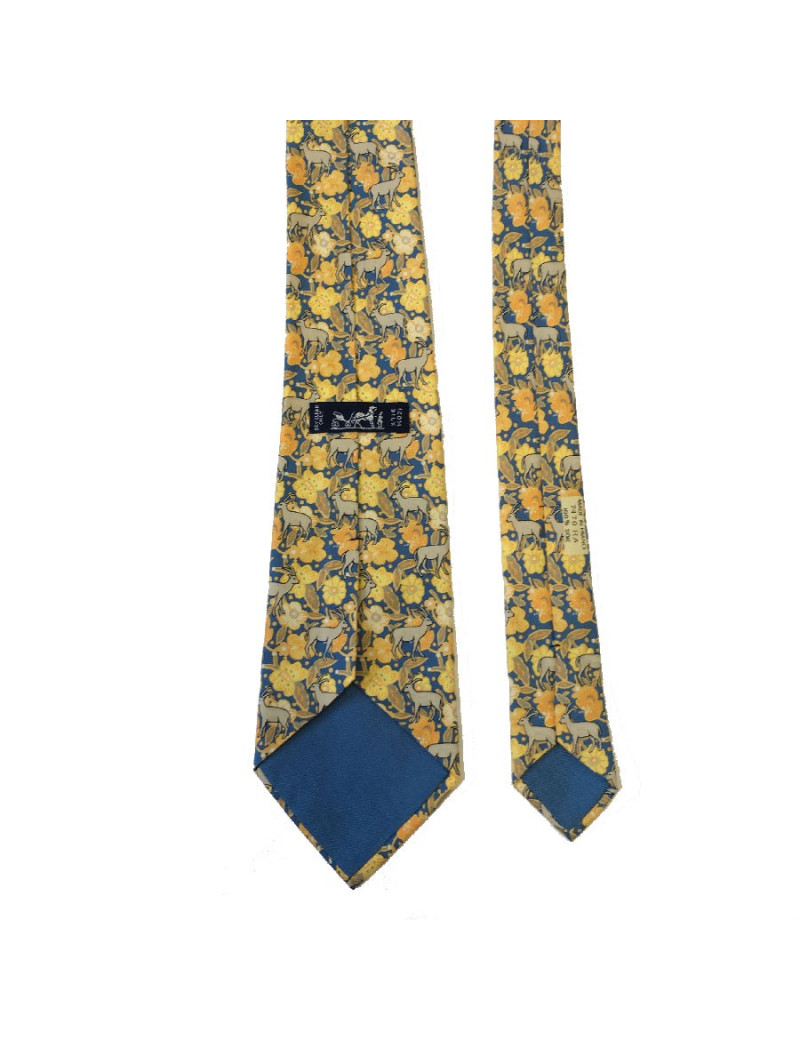 Cravate HERMÈS vintage en soie imprimée jaune, orange et bleu