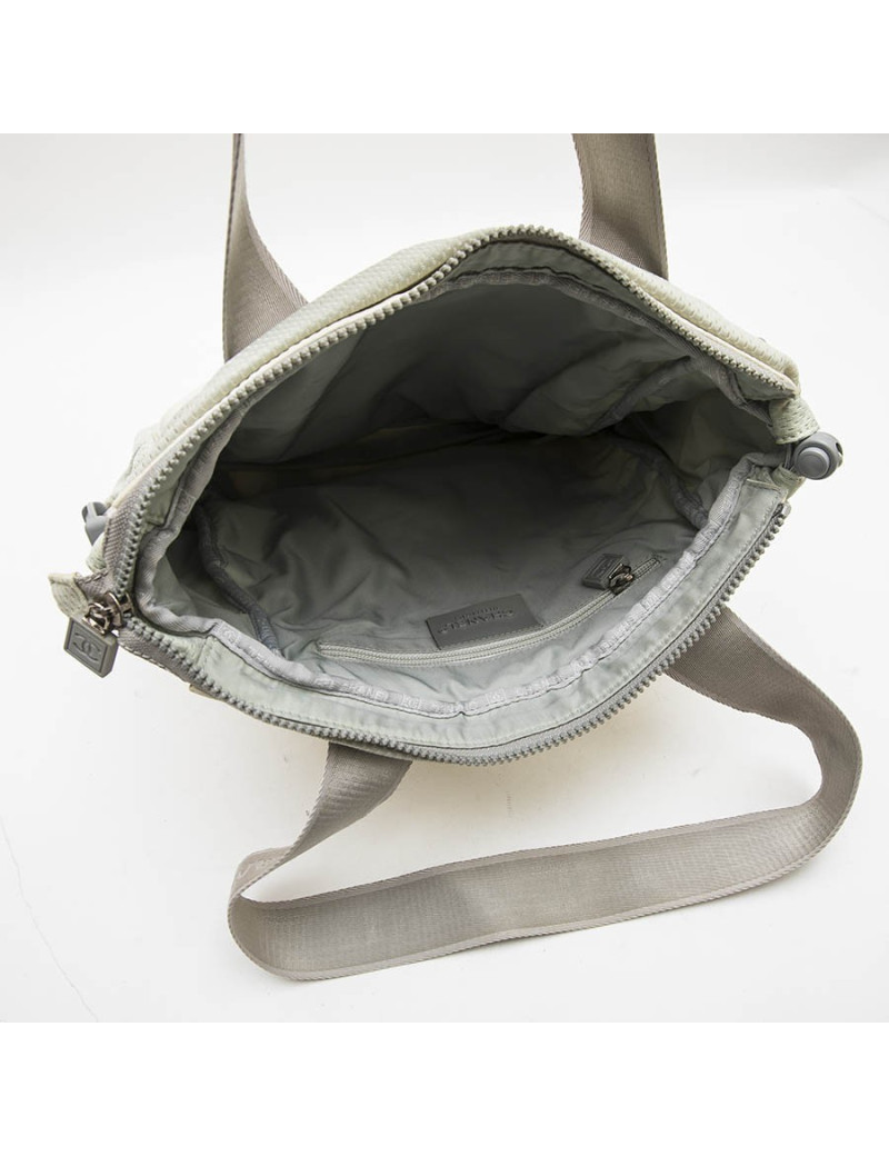 CHANEL bag in beige and grey canvas with CC, Chanel and camellia