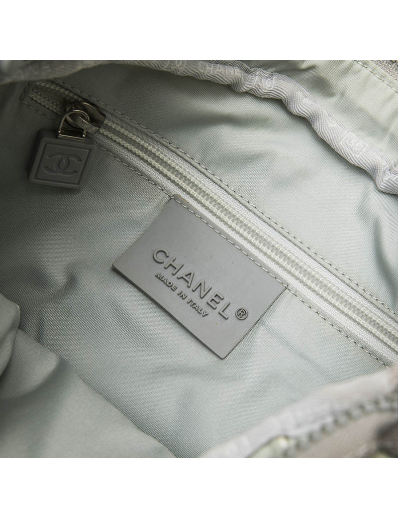 CHANEL bag in beige and grey canvas with CC, Chanel and camellia