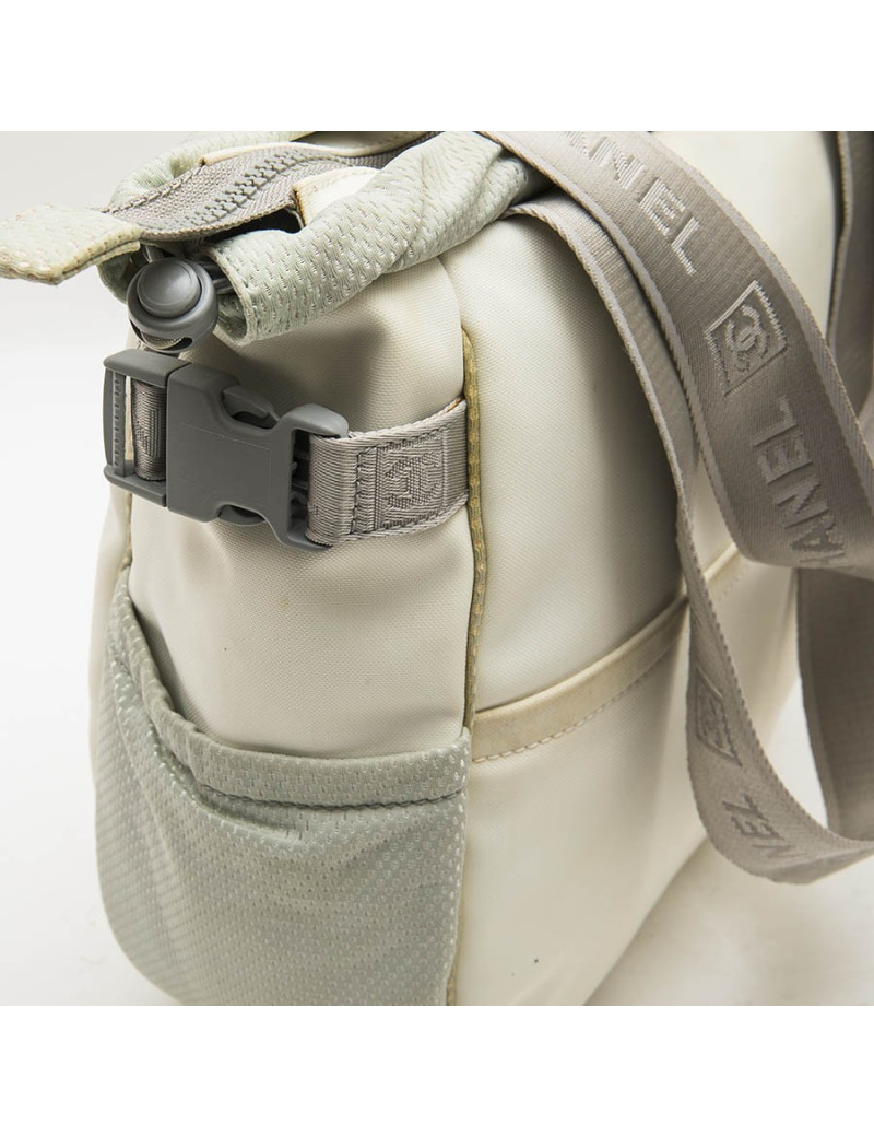 CHANEL bag in beige and grey canvas with CC, Chanel and camellia