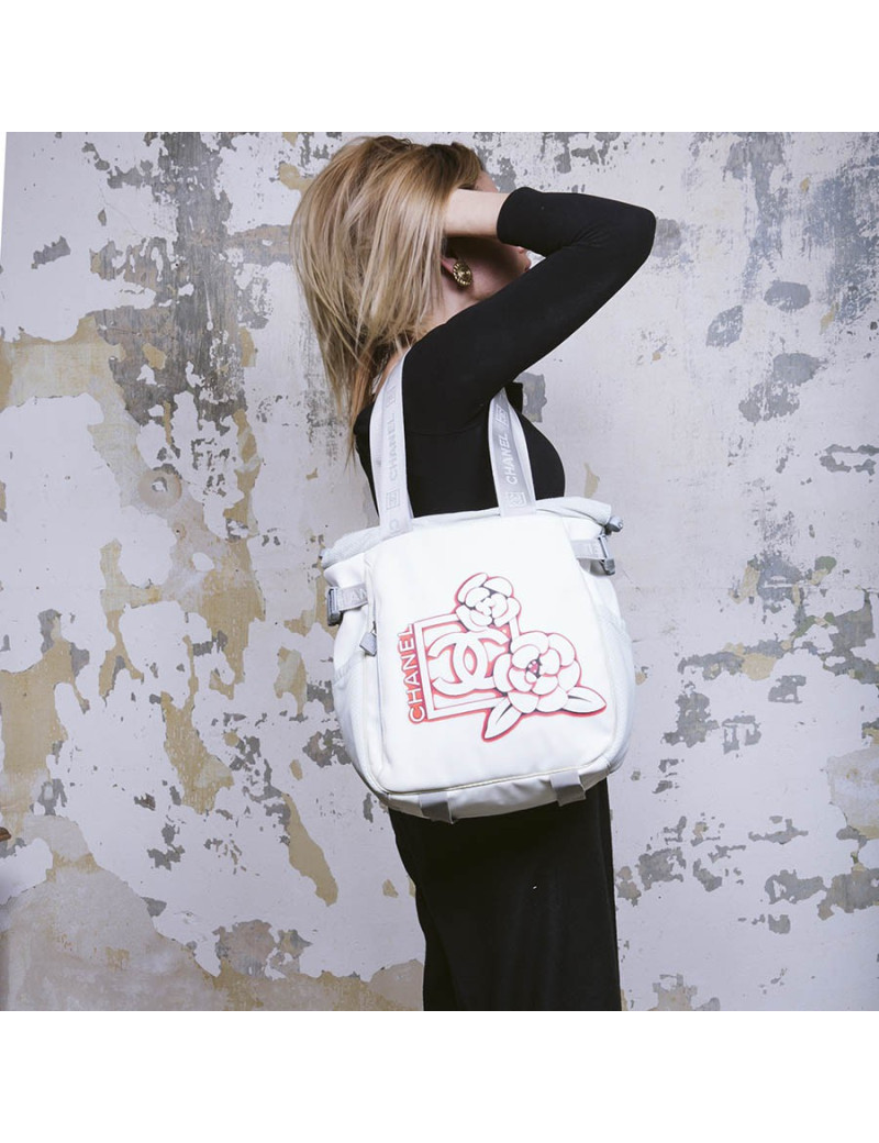 CHANEL bag in beige and grey canvas with CC, Chanel and camellia