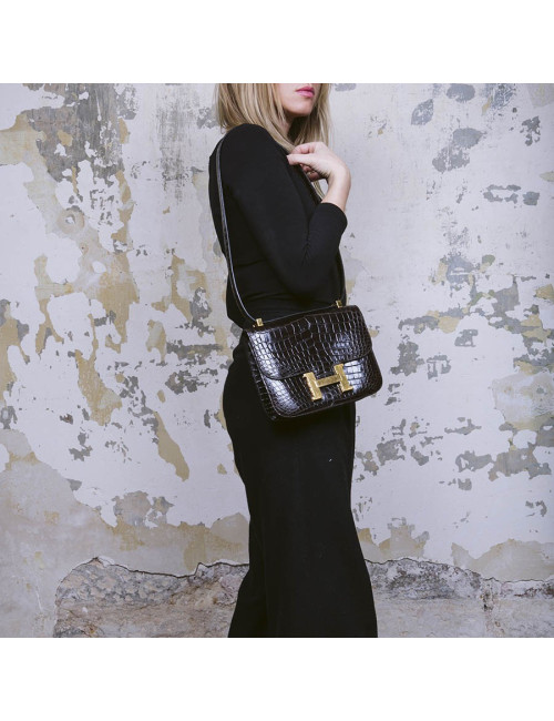  HERMES vintage 'Constance' bag in brown chocolate crocodile leather