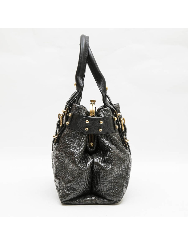 LOUIS VUITTON top handle bag in black leather and brown patent leather