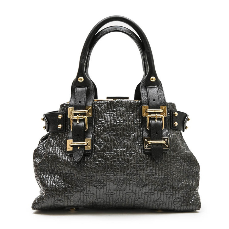 LOUIS VUITTON top handle bag in black leather and brown patent leather