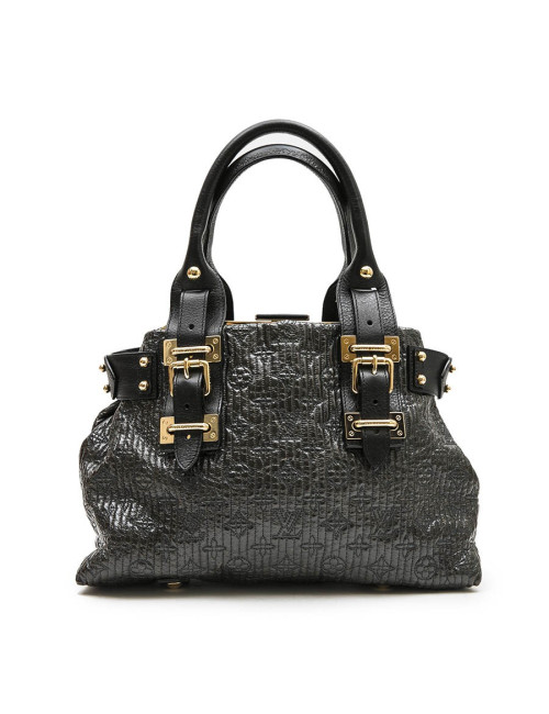 LOUIS VUITTON top handle bag in black leather and brown patent leather