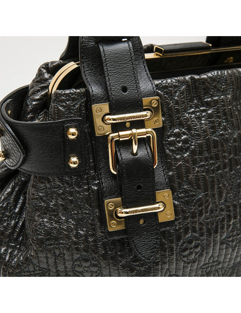 LOUIS VUITTON top handle bag in black leather and brown patent leather