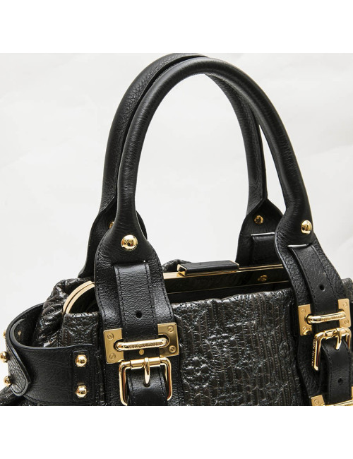 LOUIS VUITTON top handle bag in black leather and brown patent leather