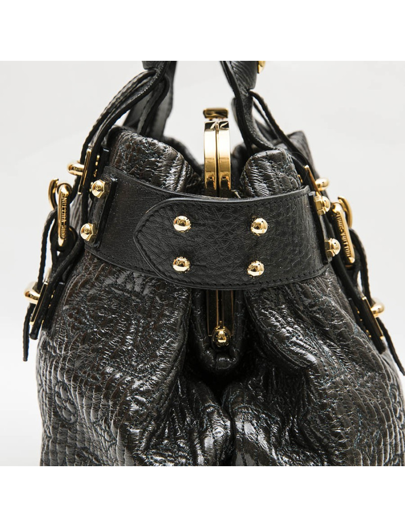 LOUIS VUITTON top handle bag in black leather and brown patent leather