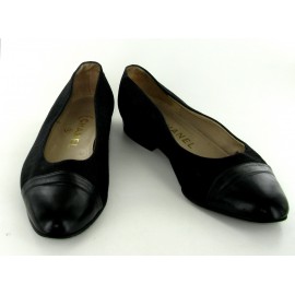 T38.5 CHANEL canvas and black leather ballerinas