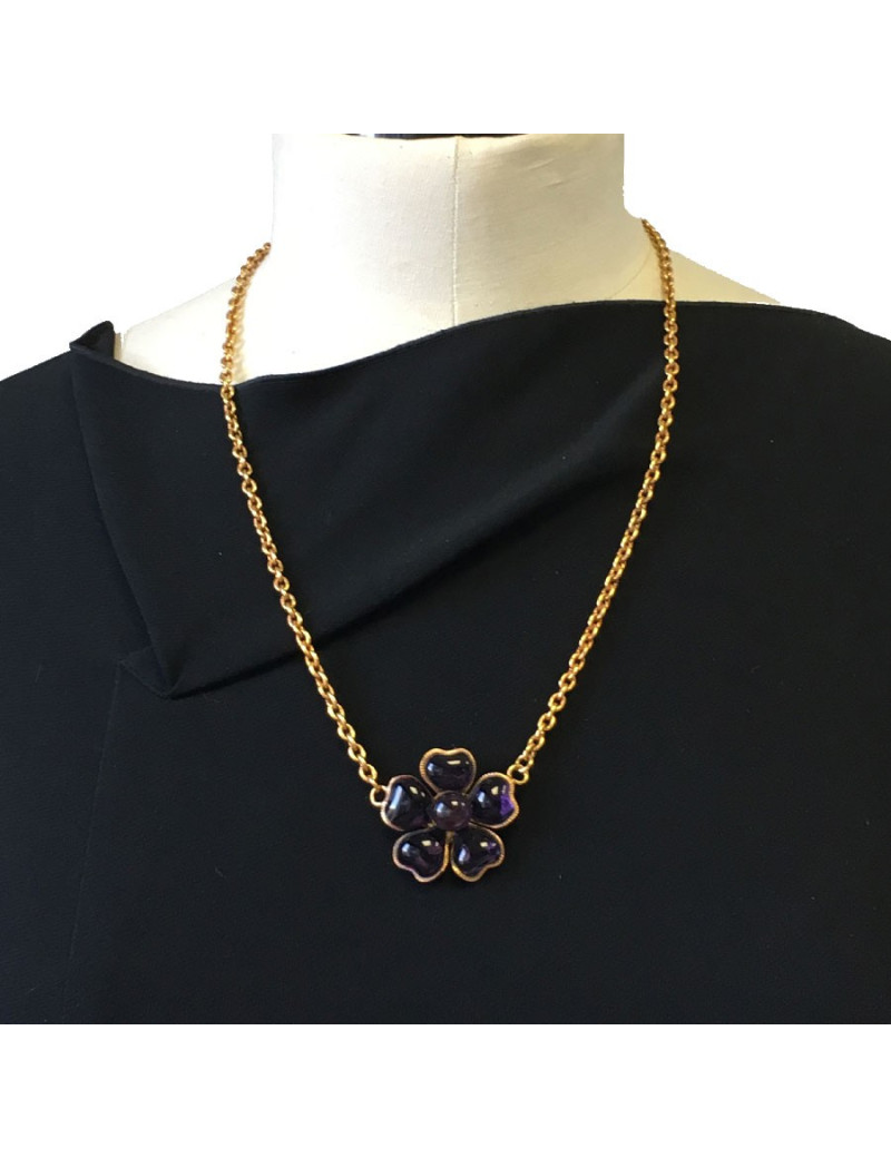 Collier MARGUERITE DE VALOIS fleur en pâte de verre améthyste