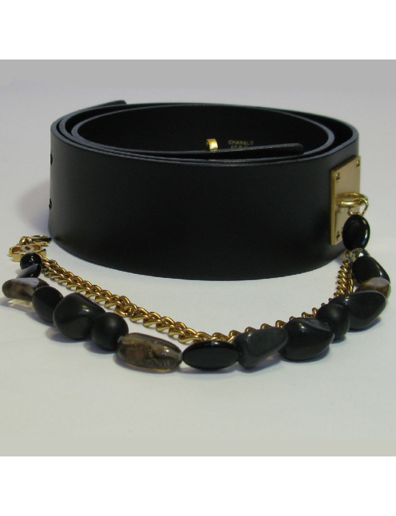  CHANEL belt 85FR in black leather and double chain in gold mesh and dark stones 