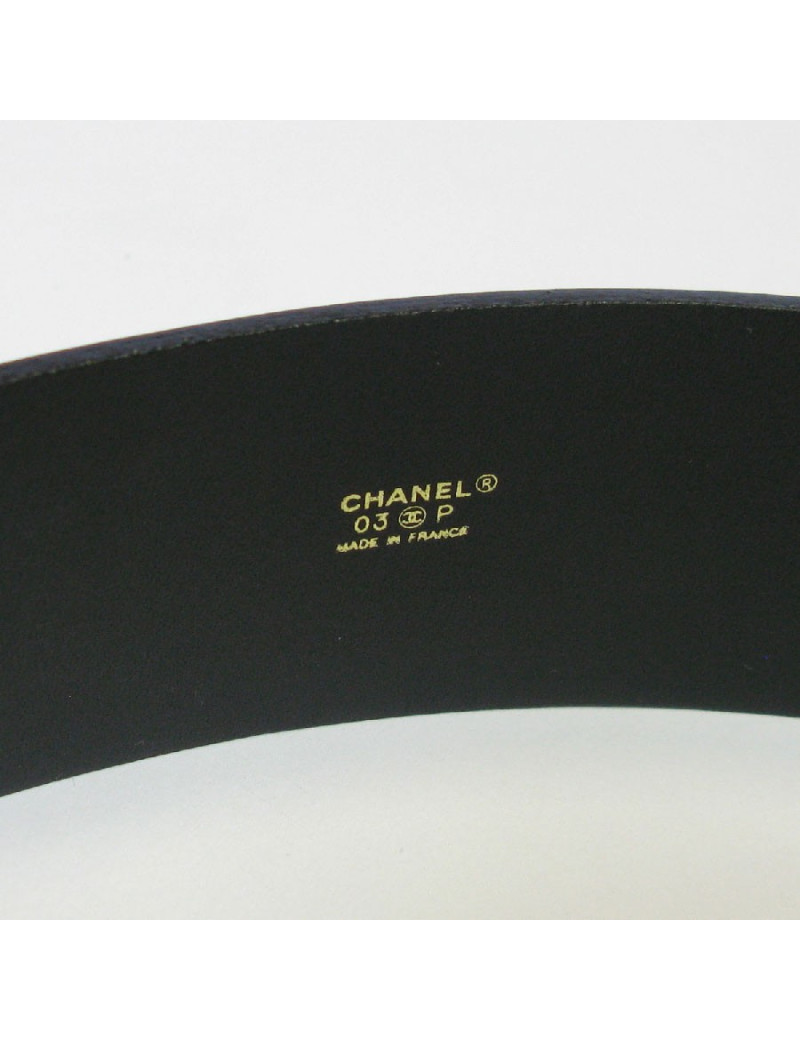 Ceinture CHANEL T85 en cuir noir et double chaîne en maille et pierres foncées