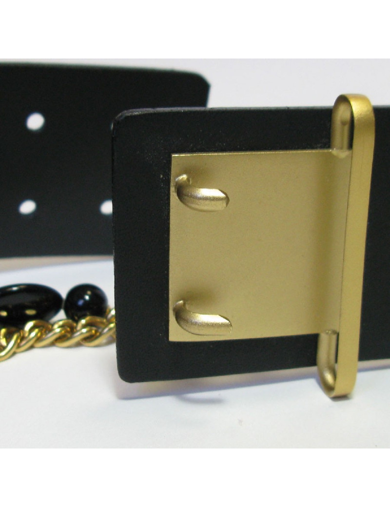  CHANEL belt 85FR in black leather and double chain in gold mesh and dark stones 