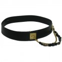  CHANEL belt 85FR in black leather and double chain in gold mesh and dark stones 